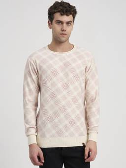 JOE Hazel - Men's Off White Premium Check Pattern Round Neck Sweater