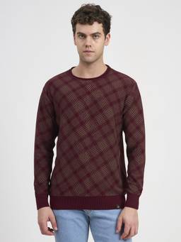 JOE Hazel - Men Wine color Premium Jacquard Knit Round Neck Sweater