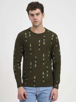 JOE Hazel - Men Olive Green Abstract Pattern Round Neck Sweater