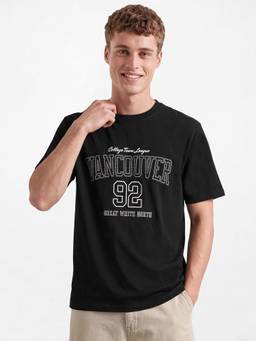 R&B - Round Neck Typographic Print Black T-Shirt
