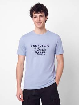 R&B - Men Blue Round Neck Typographic Print T-Shirt