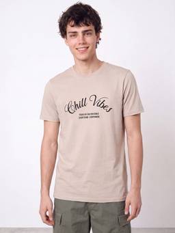 R&B - Beige Round Neck Typographic Print T-Shirt