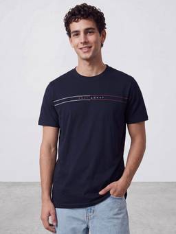 R&B - Men Navy Blue Round Neck Typographic Print T-Shirt