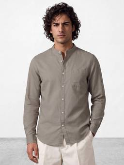 R&B - Men's Sand Grey Long Sleeves Slub Mandarin Collar Shirt