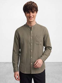 R&B - Men's Olive Long Sleeves Slub Mandarin Collar Shirt