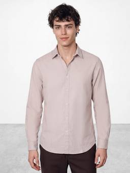 R&B - Men's Beige Long Sleeves Spread Collar Cotton Slub Shirt