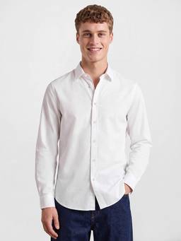 R&B - Men's White Long Sleeves Spread Collar Cotton Slub Shirt