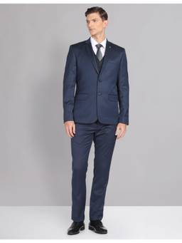 AD By Arvind - Navy Blue Tailored Regular Fit Solid Three Piece Blazer with Waistcoat and Pant