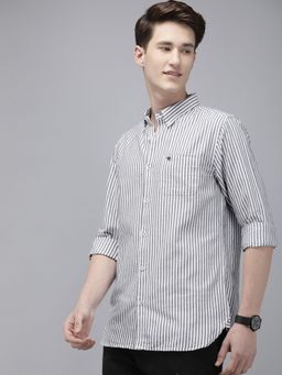 The Bear House - Men Grey and White Striped Slim Fit Pure Cotton Casual Shirt