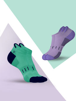 Footprints - Green & Purple Organic Cotton Bamboo Womens Ankle Terry Socks (Pack of 2)