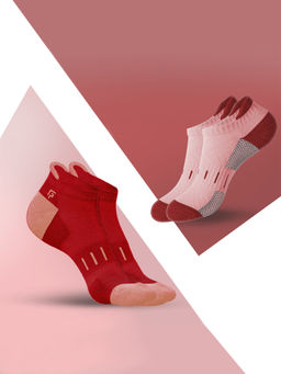 Footprints - Red & Light Pink Organic Cotton Bamboo Womens Ankle Terry Socks (Pack of 2)