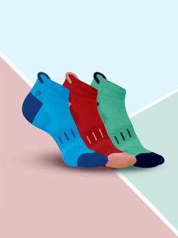 Footprints - Blue, Red & Green Organic Cotton Bamboo Womens Ankle Terry Socks (Pack of 3)