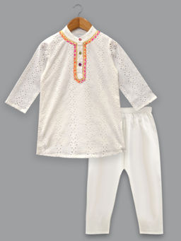 A.T.U.N. - Boys White Schiffli Kurta with Pyjama (Set of 2)