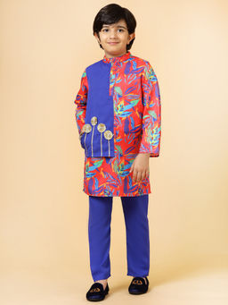 A.T.U.N. - Boys Red & Blue Floral Printed Kurta with Pyjama (Set of 2)