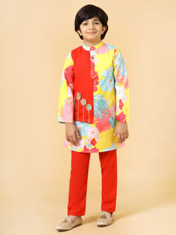 A.T.U.N. - Boys Yellow & Red Floral Printed Kurta with Pyjama (Set of 2)