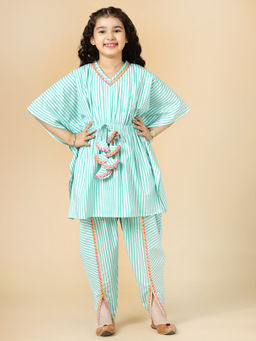 A.T.U.N. - Girls Mint Green Striped Kaftan with Dhoti Pant (Set of 2)