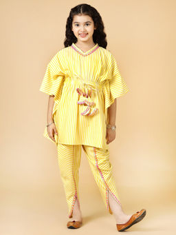 A.T.U.N. - Girls Yellow Striped Kaftan with Dhoti Pant (Set of 2)