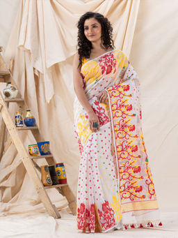 Angoshobha - Traditional White Soft Dhakai Creeper Jamdani Saree with Unstitched Blouse