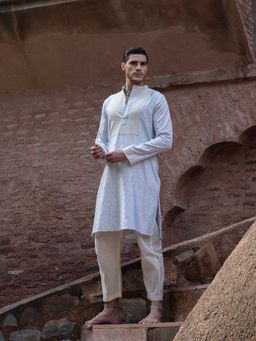 Preevin - Ice Blue Big Border Full Embroidered Kurta with Churidar