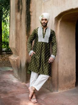 Preevin - Olive Big Border Full Embroidered Kurta with Churidar