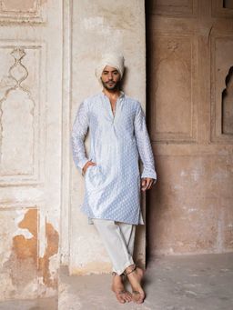 Preevin - Ice Blue Dots Full Embroidered Kurta with Churidar