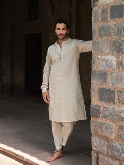 Preevin - Off White Dots Full Embroidered Kurta with Churidar
