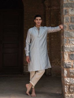 Preevin - Ice Blue Line Full Embroidered Kurta with Churidar