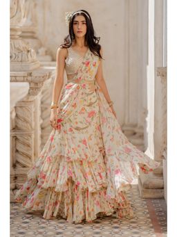 Paulmi & Harsh - Isra Off White Pre-Draped Saree with Stitched Blouse