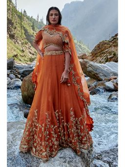 Paulmi & Harsh - Nigella Orange Stitched Blouse with Lehenga and Dupatta