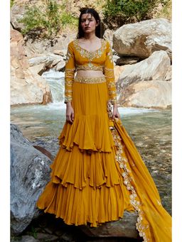 Paulmi & Harsh - Fiorella Mustard Lehenga with Stitched Blouse and Dupatta