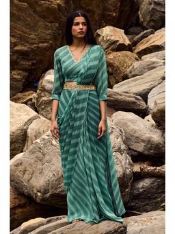 Paulmi & Harsh - Hilaria Blue Pre-Draped Saree with Stitched Blouse and Belt