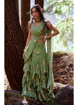 Paulmi & Harsh - Malika Green Pre-Draped Saree with Stitched Blouse and Belt