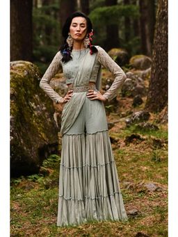 Paulmi & Harsh - Primrose Blue Sharara Saree with Stitched Blouse and Belt