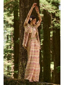 Paulmi & Harsh - Leandra Beige Pre-Draped Saree with Stitched Blouse Jacket and Belt