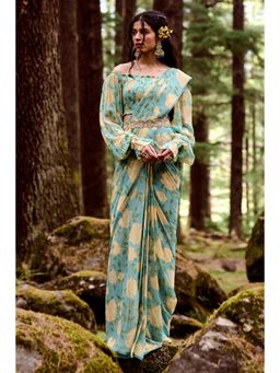 Paulmi & Harsh - Rowyn Blue Pre-Draped Saree with Stitched Blouse and Belt