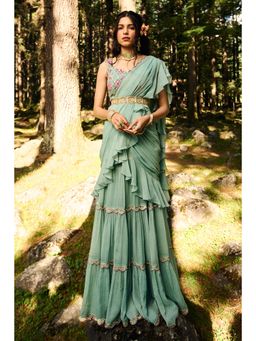 Paulmi & Harsh - Minna Blue Pre-Draped Saree with Stitched Blouse and Belt