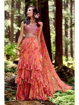 Paulmi & Harsh - Kacie Orange Pre-Draped Saree with Stitched Blouse and Belt