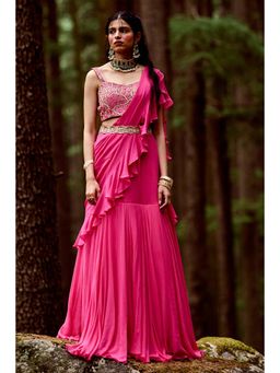 Paulmi & Harsh - Naomi Pink Pre-Draped Saree with Stitched Blouse and Belt