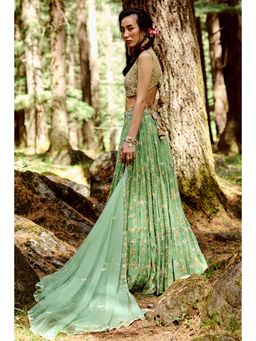 Paulmi & Harsh - Twyla Green Lehenga Stitched Blouse with Dupatta and Belt