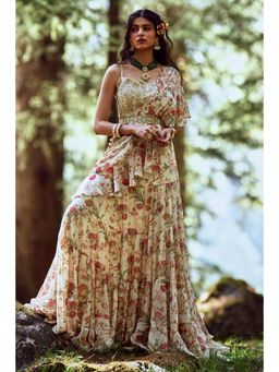 Paulmi & Harsh - Margaux Off White Pre-Draped Saree with Stitched Blouse and Belt