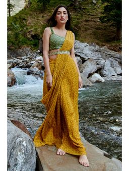 Paulmi & Harsh - Dew Yellow Pre-Draped Saree with Stitched Blouse and Belt