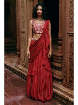 Paulmi & Harsh - Isla Red Saree with Stitched Blouse and Belt