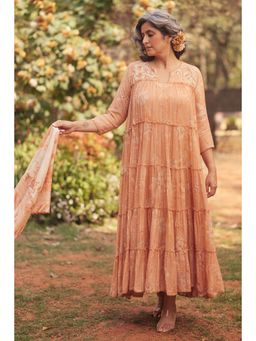 Paulmi & Harsh - Peach Daria Anarkali Dress with Scarf and Slip