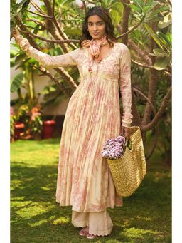 Paulmi & Harsh - Beige Kasra Anarkali Kurta with Palazzo and Scarf