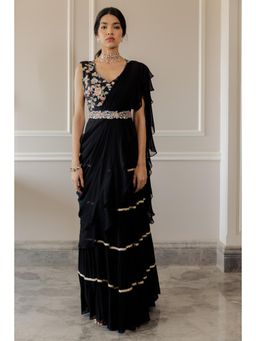 Paulmi & Harsh - Aida Black Pre-Draped Saree with Stitched Blouse