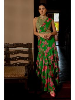 Paulmi & Harsh - Miranga Green Saree with Stitched Blouse and Belt