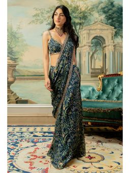 Paulmi & Harsh - Millie Navy Blue Pre-Draped Saree with Stitched Blouse