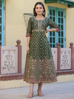 Juniper - Women Olive Modal Chanderi Printed Embroidered Anarkali Dress