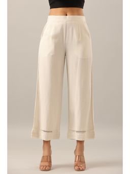 Juniper - Women Offwhite Rayon Flax Solid Wide Leg Palazzo