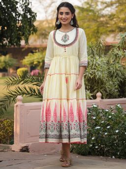 Juniper - Yellow Ethnic Motif Printed Cotton Voile Maxi Dress with Thread Embroidery